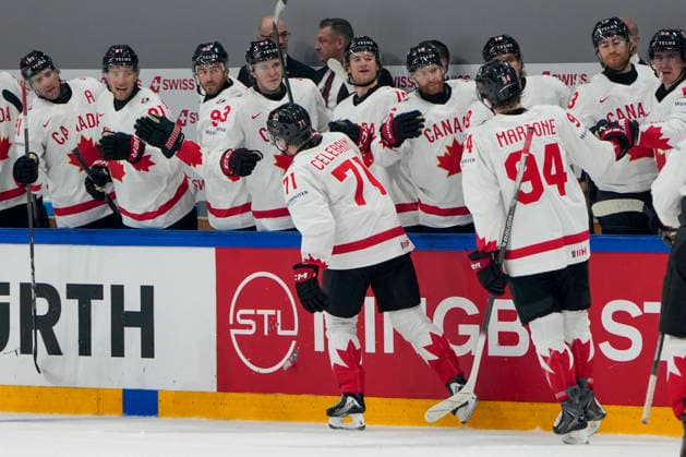 FRIBOURG, SWITZERLAND - MAY 16: Macklin Celebrini of Canada celebrates his goal during the 2026 IIHF Ice hockey, Eishockey World Championship, WM, Weltmeisterschaft Switzerland game between Italy and Canada at BCF Arena on May 16, 2026 in Fribourg, Fribourg. Fribourg BCF Arena Fribourg Switzerland Copyright: xJustPictures.ch JarixPestelaccix jp-en-EuSpIm-JP6_JAR_Italy_Canada_16May2026_00055