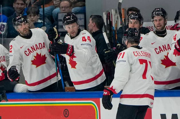 FRIBOURG, SWITZERLAND - MAY 16: Macklin Celebrini of Canada celebrates his goal during the 2026 IIHF Ice hockey, Eishockey World Championship, WM, Weltmeisterschaft Switzerland game between Italy and Canada at BCF Arena on May 16, 2026 in Fribourg, Fribourg. Fribourg BCF Arena Fribourg Switzerland Copyright: xJustPictures.ch JarixPestelaccix jp-en-EuSpIm-JP6_JAR_Italy_Canada_16May2026_00057