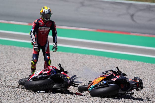 May 16, 2026, Barcelona, Barcelona, Spain: MONTMELO, SPAIN - MAY 16: Brad Binder 33 of Red Bull KTM Factory Racing and Joan Mir 36 of Honda HRC Castrol crashes during the MotoGP Tissot Sprint at the MotoGP Grand Prix of Catalunya at Circuit de Barcelona-Catalunya on May 16, 2026 in Montmelo, Spain. Barcelona Spain - ZUMAs316 20260516_znp_s316_063 Copyright: xMartixSeguraxRamonedax