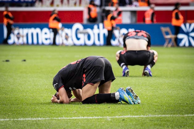 LEVERKUSEN, GERMANY - MAY 16, 2026 : Alejandro Grimaldo (Bayer 04 Leverkusen, 20) and Ibrahim Maza (Bayer 04 Leverkusen, 30) with bad emotions after the German Bundesliga match on gameday 34 between Bayer 04 Leverkusen vs. Hamburger SV at BayArena on May 16, 2026 in Leverkusen, Germany. DFL REGULATIONS PROHIBIT ANY USE OF PHOTOGRAPHS AS IMAGE SEQUENCES AND OR QUASI-VIDEO. Northrhine-Westphalia Germany Copyright: xAxelxKohringx
