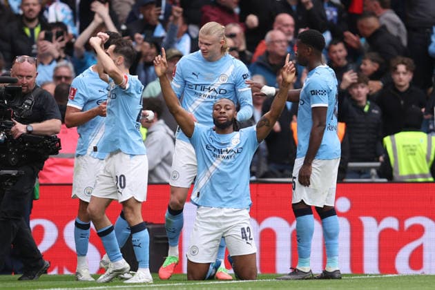 FA Cup Final 2026 16 May 2026, Wembley - Emirates FA Cup Final - Chelsea v Manchester City - Antoine Semenyo of Manchester City celebrates on his knees after scoring the opening goal - Photo: Charlotte Wilson Offside. London UK Copyright: xCharlottexWilsonx xOffsidexOffside