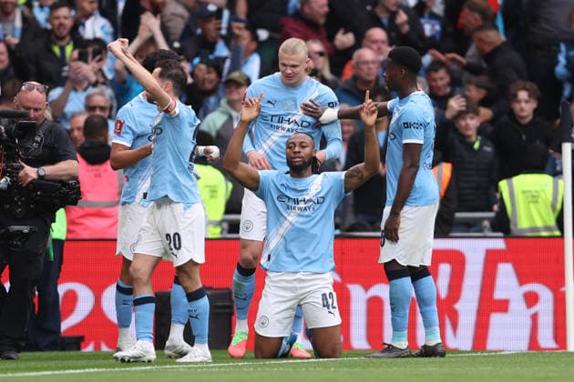 FA Cup Final 2026 16 May 2026, Wembley - Emirates FA Cup Final - Chelsea v Manchester City - Antoine Semenyo of Manchester City celebrates on his knees after scoring the opening goal - Photo: Charlotte Wilson Offside. London UK Copyright: xCharlottexWilsonx xOffsidexOffside