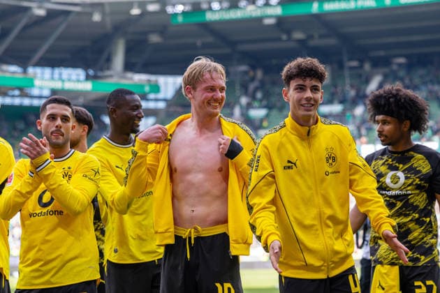 16.05.2026, 34. Spieltag in der 1. Fussball Bundesliga, SV Werder Bremen - Borussia Dortmund. v. l. Yan Couto (Borussia Dortmund), Serhou Guirassy (Borussia Dortmund), Julian Brandt (Borussia Dortmund), Samuele Inacio (Borussia Dortmund), Karim Adeyemi (Borussia Dortmund). Bremen Weserstadion Bremen Deutschland xRHR-FOTO DEx Copyright: DennisxEwert RHR-FOTOx RHR-FOTO DE