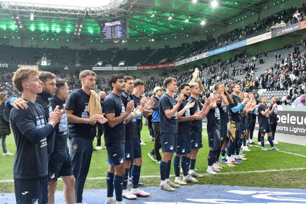 Schlussjubel Schlußjubel Emotion Freude der Mannschaft von Hoffenheim vor der Fankurve den Fans dem Fanblock 16.05.2026 ¢ Fussball ¢ Borussia Moenchengladbach vs TSG Hoffenheim, Borussia-Park, Moenchengladbach, DFB DFL REGULATIONS PROHIBIT ANY USE OF PHOTOGRAPHS AS IMAGE SEQUENCES AND OR QUASI-VIDEO