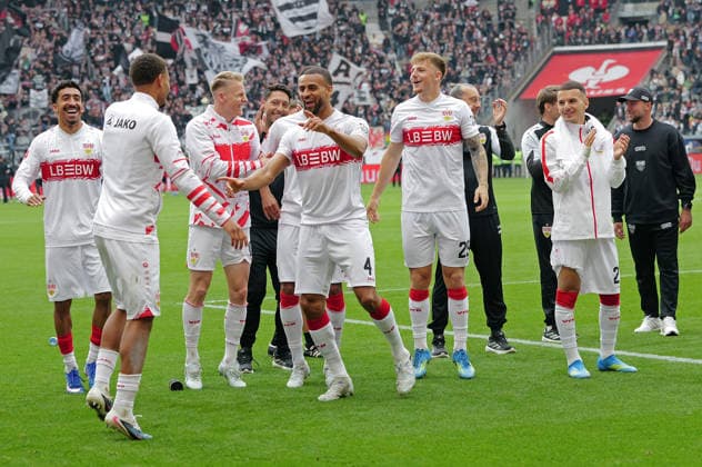 16.05.2026, xovx, Fußball Fußball Bundesliga, Eintracht Frankfurt - VfB Stuttgart Jubel bei den Spielern des VfB Stuttgart nach dem 2:2 in Frankfurt (DFL DFB REGULATIONS PROHIBIT ANY USE OF PHOTOGRAPHS as IMAGE SEQUENCES and or QUASI-VIDEO) emspor Frankfurt