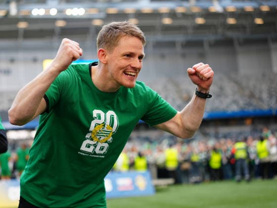 STOCKHOLM, SVERIGE 20260516 Hammarbys tränare William Strömberg firar segern i lördagens finalmatch i Svenska cupen mellan Hammarby IF och BK Häcken FF pa 3Arena. STOCKHOLM SVERIGE x10658x