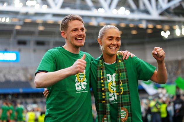 STOCKHOLM, SWEDEN 20260516 Hammarby coach William Strömberg celebrates the victory in Saturday s final match in the Swedish Cup between Hammarby IF and BK Häcken FF at 3Arena. STOCKHOLM SWEDEN x10658x