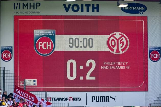 GER, 1. FBL, 1. FC Heidenheim vs 1. FSV Mainz 05 16.05.2026, Voith-Arena, Heidenheim, GER, 1. FBL, 1. FC Heidenheim vs 1. FSV Mainz 05, im Bild Viedeowall mit dem Endergebnis 0:2