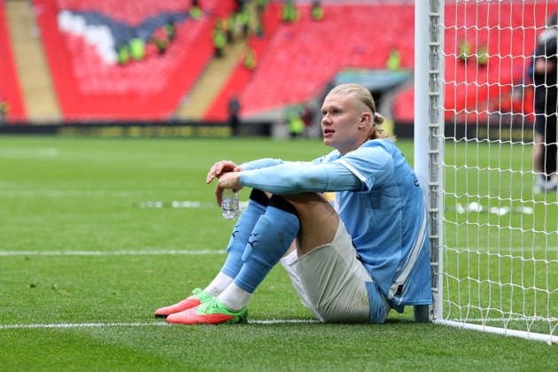 FA Cup Final 2026 16 May 2026, Wembley - Emirates FA Cup Final - Chelsea v Manchester City - Erling Haaland of Manchester City sits alone by a goal post after the match - Photo: Charlotte Wilson Offside. London UK Copyright: xCharlottexWilsonx xOffsidexOffside