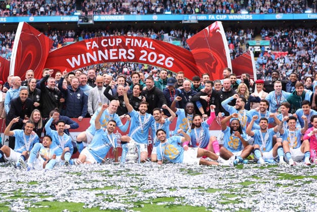 Chelsea v Manchester City - Emirates FA Cup Final Nathan Ake, Tijjani Reijnders, Savinho, Erling Haaland, Pep Guardiola, Rodri, Ruben Dias, Bernardo Silva, OMar Marmoush, Jeremy Doku, Gianluigi Donnarumma, Antoine Semenyo, Rayan Cherki, Mateo Kovacic, Matheus Nunes, John Stones, Nico O Rilley, Abdukodir Khusanov, James Trafford of Manchester City celebrate with Trophy after winning the Emirates FA Cup Final match between Chelsea and Manchester City on May 16, 2026 in London, England. WARNING! This Photograph May Only Be Used For Newspaper And Or Magazine Editorial Purposes. May Not Be Used For Publications Involving 1 player, 1 Club Or 1 Competition Without Written Authorisation From Football DataCo Ltd. For Any Queries, Please Contact Football DataCo Ltd on +44 (0) 207 864 9121 London Wembley Stadium England United Kingdom Copyright: xAllstarxPicturexLibraryxLtdx