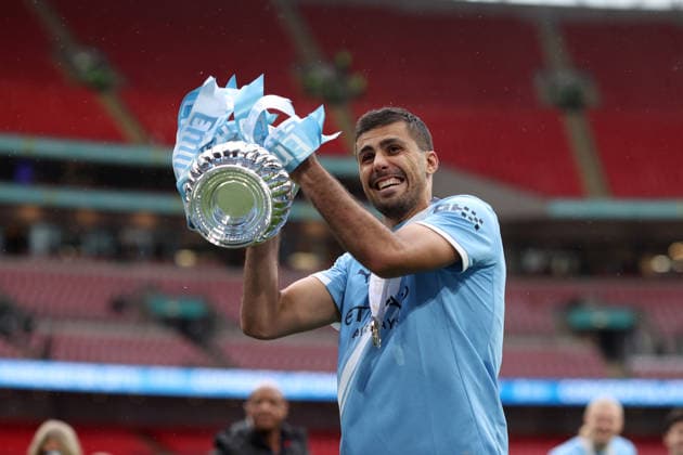 FA Cup Final 2026 16 May 2026, Wembley - Emirates FA Cup Final - Chelsea v Manchester City - Rodri of Manchester City smiles as he holds the cup - Photo: Charlotte Wilson Offside. London UK Copyright: xCharlottexWilsonx xOffsidexOffside