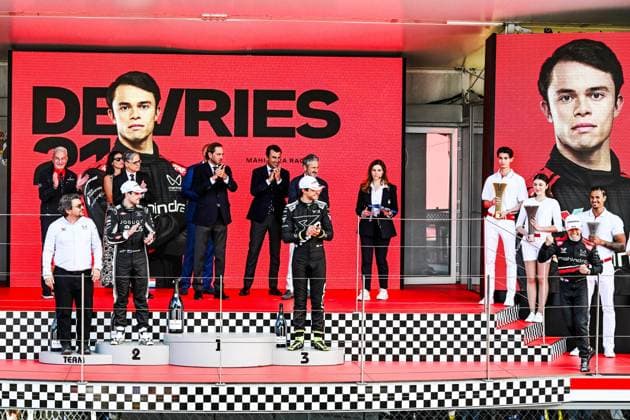 IPA84757472 - , 09 Driver Mitch Evans And Driver Nyck De Vries And 33 Driver Dan TicktumofIn Celebrating The Final Podium Race 1,During Abb Fia Formula E World Championship, WM, Weltmeisterschaft Monaco E-Prix 2026 ,16 May Monte Carlo ,Monaco  Copyright: xLucaxBarsali IPAxSportx xx 84757472