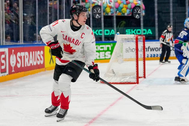 FRIBOURG, SWITZERLAND - MAY 16: Macklin Celebrini of Canada in action during the 2026 IIHF Ice hockey, Eishockey World Championship, WM, Weltmeisterschaft Switzerland game between Italy and Canada at BCF Arena on May 16, 2026 in Fribourg, Fribourg. Fribourg BCF Arena Fribourg Switzerland Copyright: xJustPictures.ch JarixPestelaccix jp-en-EuSpIm-JP6_JAR_Italy_Canada_16May2026_00091