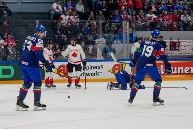 FRIBOURG, SWITZERLAND - MAY 16: Evan Bouchard of Canada C) celebrated by Macklin Celebrini of Canada 2nd L) for his goal during the 2026 IIHF Ice hockey, Eishockey World Championship, WM, Weltmeisterschaft Switzerland game between Italy and Canada at BCF Arena on May 16, 2026 in Fribourg, Fribourg. Fribourg BCF Arena Fribourg Switzerland Copyright: xJustPictures.ch JarixPestelaccix jp-en-EuSpIm-JP6_JAR_Italy_Canada_16May2026_00074