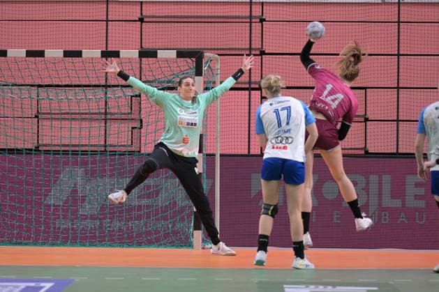 Lena Ivancok Union Neckarsulm, 29) im Tor gegen Klara Schlegel (TusSies Metzingen, 14) beim Wurf Tor TusSies Metzingen vs. Sport-Union Neckarsulm , Handball, Alsco HBF, 5. Play-Off Ligaspieltag, Saison 2025 2026, 16.05.2026 TusSies Metzingen vs. Sport-Union Neckarsulm , Handball, Alsco HBF, 5. Play-Off Ligaspieltag, Saison 2025 2026, 16.05.2026 Tuebingen Copyright: xEibner-Pressefoto TobiasxBaurx EP_TBR