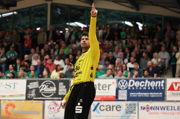 16.05.2026, Handball, Herren, 3. Liga, Saison 2025 2026, Aufstiegsrunde, HG Saarlouis - ASV Hamm-Westfalen, Marcos Vinicois Colodeti (ASV Hamm-Westfalen) jubelt Saarlouis Stadtgartenhalle Saarland Deutschland (DEU) Copyright: xSebastianxBachx