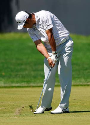 Hideki Matsuyama of Japan hits an approach shot on the 1st fairway during the third round of the 2026 PGA, Golf Herren Championship at Aronimink Golf Club in Newtown Square, Pennsylvania, on Saturday, May 16, 2026.  PHI20260516838 LAURENCExKESTERSON
