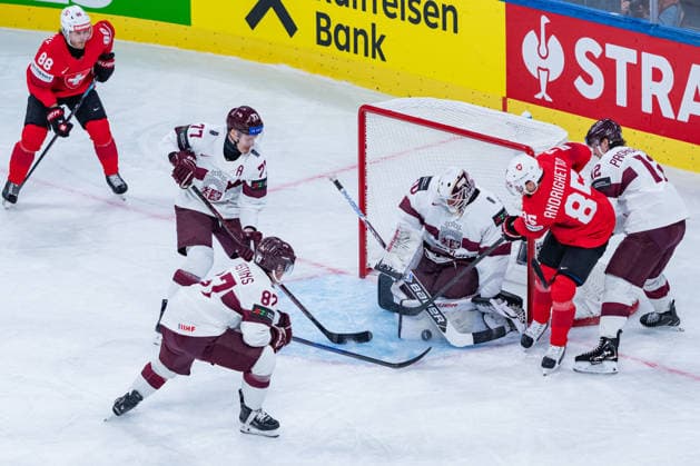 ZURICH, SWITZERLAND - MAY 16: Kristers Gudlevskis (Latvia, 50) keeps the goal clean during the Preliminary Round - Group A Match 9 between Switzerland and Latvia at the IIHF Ice hockey, Eishockey World Championship, WM, Weltmeisterschaft 2026, Swiss Life Arena on May 16, 2026 in Zurich, Switzerland. Zurich Switzerland Copyright: xTimoxSteinx