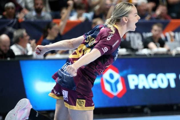 handball, ehf european league, 1 2 finale, dijon - esztergom NICOLAS GOISQUE MAXPPP - 16-5-2026, 18h00, handball, ehf european league, 1 2 finale, jda bourgogne dijon - mol esztergom, la joie de céline sivertsen qui a été précieuse pour maintenir dijon dans le match sur plusieurs jets de 7m  Copyright: xMAXPPPxNICOLASxGOISQUEx GSQ202605167232 GSQ202605167232