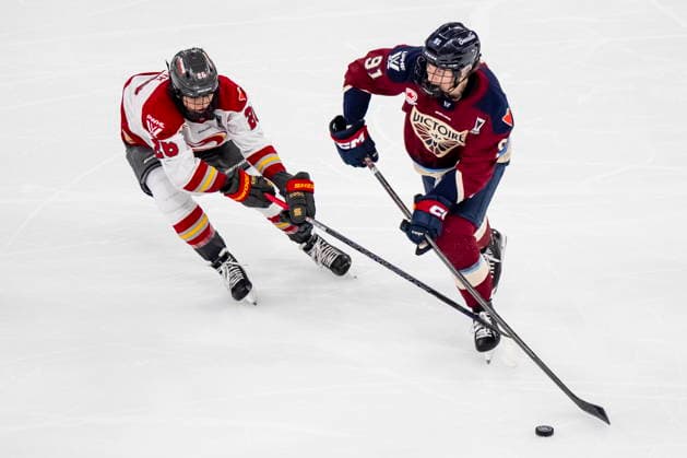 May 16, 2026, Laval, Pq, Canada: Ottawa Charge s Emily Clark (26) defends against Montreal Victoire s Maggie Flaherty (91) during first period PWHL playoff hockey action in Laval, Que., on Saturday, May 16, 2026. Canada News - May 16, 2026  - ZUMAc35_ 20260516_zaf_c35_006 Copyright: xChristopherxKatsarovx