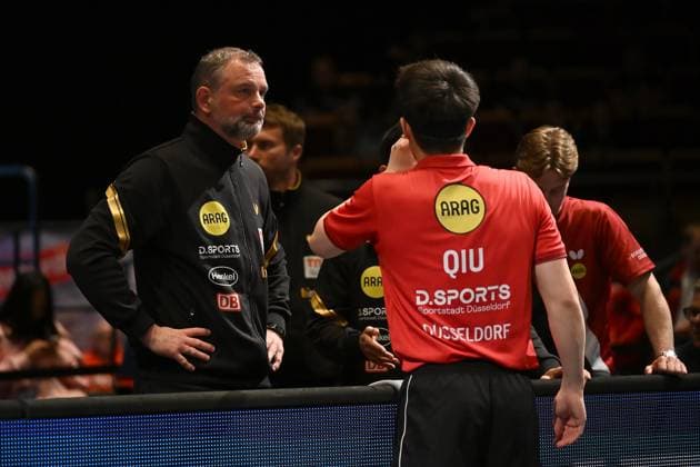 TT CL Hylo Final 4 Halbfinale Borussia Düsseldorf - Alliance Nimes - Montpellier am 16.05.2026 in der Saarlandhalle in Saarbrücken Danny Heister ( Trainer Düsseldorf ), links und Dang Qiu ( Düsseldorf ), rechts