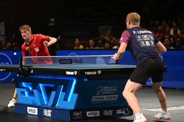 TT CL Hylo Final 4 Halbfinale Borussia Düsseldorf - Alliance Nimes - Montpellier am 16.05.2026 in der Saarlandhalle in Saarbrücken Anton Källberg ( Düsseldorf ), links und Felix Lebrun ( Montpellier ), rechts