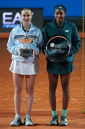 Elina Svitolina of Ukraine, winner, and Coco Gauff of United States, runner-up, hold the trophies at the Internazionali BNL d Italia 2026 tennis tournament at Foro Italico in Rome (Italy) on May, 16, 2026. AntoniettaxBaldassarre
