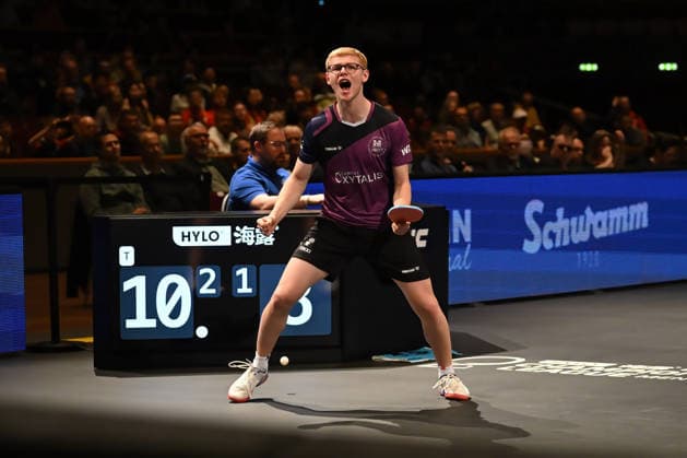 TT CL Hylo Final 4 Halbfinale Borussia Düsseldorf - Alliance Nimes - Montpellier am 16.05.2026 in der Saarlandhalle in Saarbrücken Felix Lebrun ( Montpellier ) jubelt nach dem Sieg