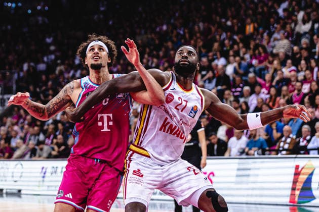 easyCredit Basketball Bundesliga, Playoff-Viertelfinale: Telekom Baskets Bonn vs. Fitness First Baskets Würzburg, 16.05.2026 Michael Kessens (Telekom Baskets Bonn 6) und Eddy Edigin Jr. (Würzburg 27) im Infight - easyCredit Basketball Bundesliga, Playoff-Viertelfinale: Telekom Baskets Bonn vs. Fitness First Baskets Würzburg, 16.05.2026, Telekom Dome Bonn Copyright: xBEAUTIFULxSPORTS Derixx