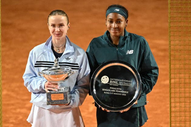 TENNIS - Internazionali di Tennis - Internazionali BNL d Italia Photo by IPA ABACAPRESS.COM84766034 - Elina Svitolina of Ukraine and Coco Gauff of United States poses for a photo with the trophy following victoryin the the Women s Singles Final match of the Internazionali BNL d Italia Day Twelve at Foro Italico on May 15, 2026 in Rome, Italy. Rome Italy  Copyright: xIPAxSport ABACAx