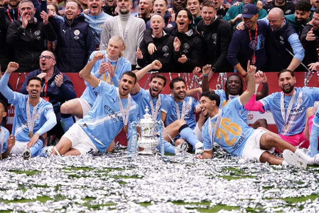 Emirates FA Cup Final Chelsea v Manchester City Manchester City players celebrate fa cup win during the Emirates FA Cup Final match Chelsea vs Manchester City at Wembley Stadium, London, United Kingdom on 16 May 2026 (Photo by Harvey Murphy News Images) Copyright: xHarveyxMurphy NewsxImagesx
