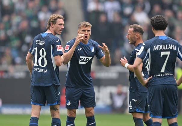 (l-r) Wouter Burger (1899 Hoffenheim), Grischa Proemel (Prömel)(1899 Hoffenheim), Vladimir Coufal (1899 Hoffenheim), Leon Avdullahu (1899 Hoffenheim) Gespraech. Fussball 1. Bundesliga, 34.Spieltag, Borussia Moenchengladbach - TSG 1899 Hoffenheim 4:0, am 16.05.2026 in Moenchengladbach Deutschland. DFL regulations prohibit any use of photographs as image sequences and or quasi-video Â