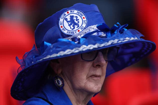 FA Cup Final 2026 16 May 2026, London - Emirates FA Cup Final - Chelsea v Manchester City - A blue Chelsea hat decorated with ribbons and patches - Photo: Charlotte Wilson Offside. London UK Copyright: xCharlottexWilsonx xOffsidexOffside