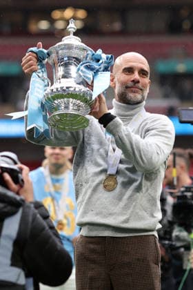 FA Cup Final 2026 16 May 2026, London - Emirates FA Cup Final - Chelsea v Manchester City - Manchester City manager Pep Guardiola with the trophy - Photo: Charlotte Wilson Offside. London UK Copyright: xCharlottexWilsonx xOffsidexOffside