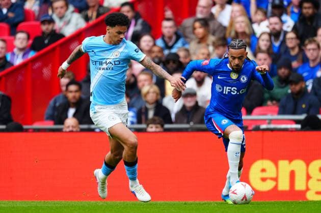 Nico O Reilly of Manchester City battles with Malo Gusto of Chelsea Chelsea v Manchester City, Emirates FA Cup Final, Football, Wembley Stadium, London, UK - 16 May 2026London Wembley Stadium United Kingdom EDITORIAL USE ONLY No use with unauthorised audio, video, data, fixture lists, club league logos or live services. Online in-match use limited to 120 images, no video emulation. No use in betting, games or single club league player publications. Copyright: xJavierxGarcia Shutterstockx 16876844fg