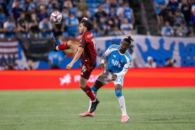 May 16, 2026: Toronto FC defender Kobe Franklin (19) goes for the ball against Charlotte FC forward Wilfried Zaha (10) during the second half of the Major League Soccer match up at Bank of America Stadium in Charlotte, NC. ( CSM) Charlotte United States - ZUMAc04_ 20260516_zma_c04_014 Copyright: xScottxKinserx
