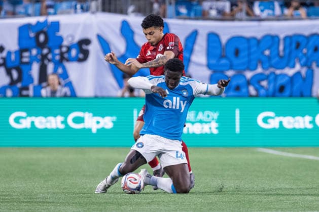 May 16, 2026: Charlotte FC defender Morrison Agyemang (44) gets taken down by Toronto FC forward Emilio Aristizabal (17) during the first half of the Major League Soccer match up at Bank of America Stadium in Charlotte, NC. ( CSM) MLS, Fussball Herren, USA 2026: Toronto FC At Charlotte FC May 16  - ZUMAc04_ 20260516_zma_c04_023 Copyright: xScottxKinserx