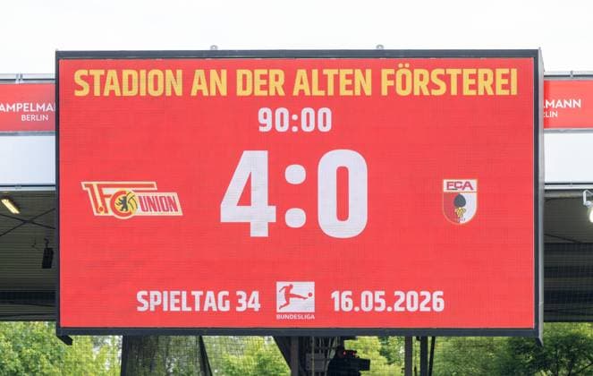 Fußball, Herren, Saison 2025 2026, 1. Bundesliga (34. Spieltag), 1. FC Union Berlin - FC Augsburg, Anzeigetafel mit 4:0-Endstand, 16.05. 2026, Copyright: xMatthiasxKochx