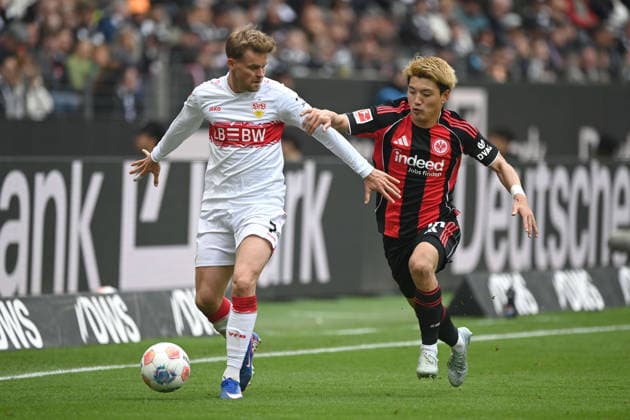 Maximilian MITTELSTAEDT (Mittelstädt) (S) gegen Ritsu DOAN (F) Aktion, Zweikampf, Fussball 1. Bundesliga Saison 2025 2026, 34.Spieltag, Spieltag34, matchday34, Eintracht Frankfurt (F) - VfB Stuttgart (S) 2-2 am 16.05.2026 Deutsche Bank Park Frankfurt. DFL regulations prohibit any use of photographs as image sequences and or quasi-video Â