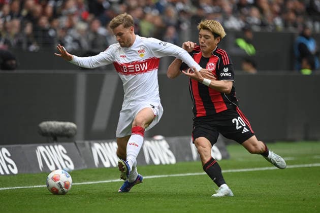 Maximilian MITTELSTAEDT (Mittelstädt) (S) gegen Ritsu DOAN (F) Aktion, Zweikampf, Fussball 1. Bundesliga Saison 2025 2026, 34.Spieltag, Spieltag34, matchday34, Eintracht Frankfurt (F) - VfB Stuttgart (S) 2-2 am 16.05.2026 Deutsche Bank Park Frankfurt. DFL regulations prohibit any use of photographs as image sequences and or quasi-video Â