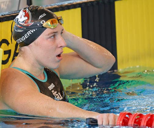 16.05.2026 Schwimmsport 61. Internationales Schwimmfest Nordbad DSW Darmstadt hier WK119 A-Finale 100m Freistil Siegerin Nika Steigerwald 2006 SG Frankfurt wartet im Ziel auf Ergebnis Darmstadt Hessen Deutschland