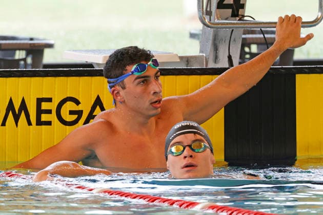 16.05.2026 Schwimmsport 61. Internationales Schwimmfest Nordbad DSW Darmstadt hier WK120 A-Finale 50m Freistil hier im Ziel auf Ergebnisse wartend rechts Niclas Keilmann 2007 SG Frankfurt links Youssef Omran 2005 DSW 1912 Darmstadt Darmstadt Hessen Deutschland