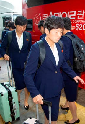 Naegohyang Women s FC, May 17, 2026 : Members of Pyongyang-based Naegohyang Women s FC arrive at a hotel in Suwon, about 30 km south of Seoul, South Korea. Naegohyang s 27 players and 12 members of their staff traveled from Beijing. The North Korean women s football club will take on Suwon FC Women of South Korea in the semifinals of the AFC Women s Champions League at Suwon Stadium in Suwon on Wednesday. The other semifinal match will pit Melbourne City FC against Nippon TV Tokyo Verdy Beleza on Wednesday at Suwon Stadium. The final is scheduled on Saturday at Suwon Stadium. The Women s Champions League is Asia s top women s club competition and offers US$1 million to the champions.  aflo_330804337