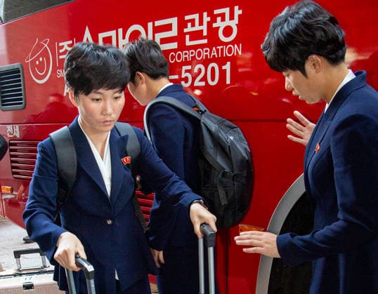 Naegohyang Women s FC, May 17, 2026 : Members of Pyongyang-based Naegohyang Women s FC arrive at a hotel in Suwon, about 30 km south of Seoul, South Korea. Naegohyang s 27 players and 12 members of their staff traveled from Beijing. The North Korean women s football club will take on Suwon FC Women of South Korea in the semifinals of the AFC Women s Champions League at Suwon Stadium in Suwon on Wednesday. The other semifinal match will pit Melbourne City FC against Nippon TV Tokyo Verdy Beleza on Wednesday at Suwon Stadium. The final is scheduled on Saturday at Suwon Stadium. The Women s Champions League is Asia s top women s club competition and offers US$1 million to the champions.  aflo_330804441