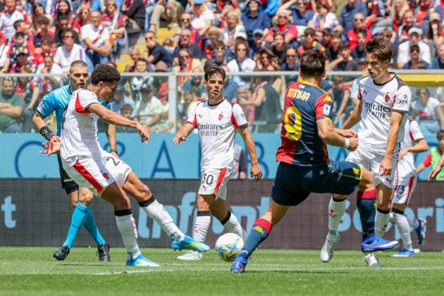 MilanÕs Athekame scores a goal during the Serie A soccer match between Genoa and Milan at the Luigi Ferraris Stadium in Genoa, Italy - Sunday, May 17, 2026. - Soccer .  Copyright: xTanoxPecoraro LaPressex