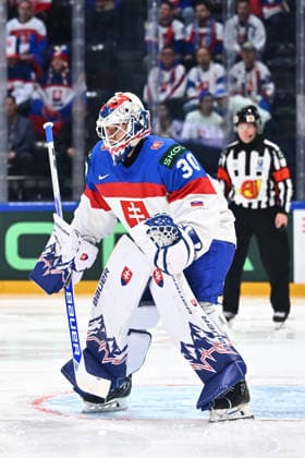 Goalkeeper Adam Gajan (SVK) is seen during the 2026 IIHF World Championship, WM, Weltmeisterschaft Group B, match Italy vs Slovakia, on May 17, 2026, Fribourg, Switzerland. (CTKxPhoto RadekxPetrasek) CTKPhotoP2026051703132  CTKPhotoP2026051703132