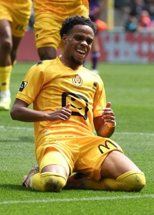 Mechelen s Therence Koudou celebrates after scoring during a soccer match between RSCA Anderlecht and KV Mechelen, Sunday 17 May 2026 in Brussels, on day 8 of the Champion s Play-off of the 2025-2026 Jupiler Pro League first division of the Belgian championship. VIRGINIExLEFOUR  x174151921x