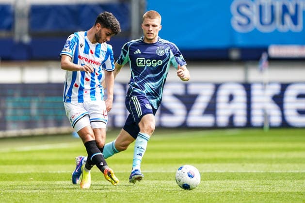 2026-05-17 SC Heerenveen v AFC Ajax - Dutch Vriendenloterij Eredivisie HEERENVEEN, NETHERLANDS - MAY 17: Luca Oyen of SC Heerenveen, Anton Gaaei of Ajax during the Dutch Vriendenloterij Eredivisie match between SC Heerenveen and AFC Ajax at Abe Lenstra Stadion on May 17, 2026 in Heerenveen, Netherlands. Heerenveen Abe Lenstra Stadion Netherlands Content not available for redistribution in The Netherlands directly or indirectly through any third parties. Copyright: xAndrexWeeningx