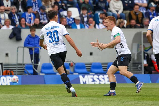 2026.05.17 xjfx 2.Bundesliga SV Darmstadt 98 - SC Paderborn v.l., Stefano Marino (SC Paderborn), Laurin Curda (SC Paderborn) Torjubel, Goal celebration, celebrate the goal (DFL DFB REGULATIONS PROHIBIT ANY USE OF PHOTOGRAPHS as IMAGE SEQUENCES and or QUASI-VIDEO)