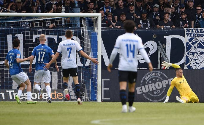 17.05.2026, xhbx, Fussball 2.Bundesliga, SV Darmstadt 98 - SC Paderborn 07 v.l. Goal scored, Tor zum 0:1 durch Stefano Marino (SC Paderborn 07) (DFL DFB REGULATIONS PROHIBIT ANY USE OF PHOTOGRAPHS as IMAGE SEQUENCES and or QUASI-VIDEO) Darmstadt